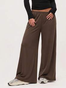 SHEIN BASICS Plus Size Casual Baggy Traditional Elegant Versatile Solid Color Loose Pants Lounge Formal Office Home Wear Vacation Brown Autumn - Brown - View 7