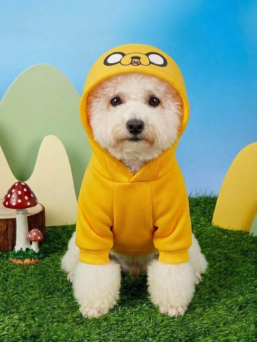 ADVENTURE TIME X PETSIN 1件可愛黃色大眼小狗印花附尾巴寵物連帽衫,配黃色牽引扣,透氣舒適親膚防掉毛寵物衣 - 彩色 - 查看 1
