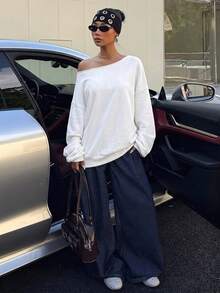 SHEIN EZwear 白色女款露肩寬鬆休閒長袖運動衫 34%棉 - 白色 - 查看 6