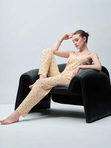 Softvol Women's Sleepwear Set,Yellow Heart Print Knitted Ribbed Contrast Lace Camisole And Long Pants, Cute Chic Summer Sleep Stylish Sweet Pajamas Set - Apricot - View 3