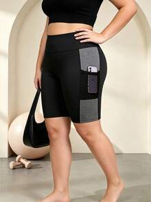 SHEIN Unity Women's Plus Size Colorblock Patchwork Sports Shorts With Pockets - Black - View 6