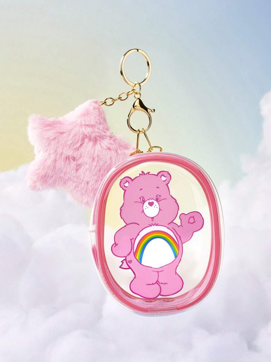SHEIN X Care Bears Love Bear 透明 PVC 小物收納袋,兼具收納與收藏展示功能,可掛在包包上,附毛絨星星裝飾,拉鍊開合設計,可收納耳機、珠寶、小配件等 - 粉色 - 查看 1