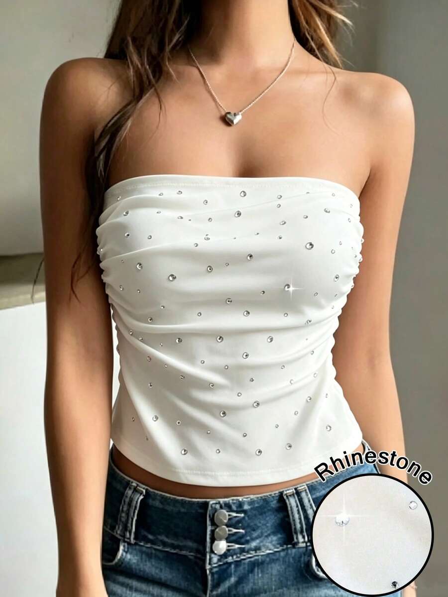 valorelle valorelle 女士春夏新款水钻装饰修身性感抹胸上衣,适合日常穿着、派对和约会。无肩带上衣,水钻抹胸,白色抹胸,女士带衬垫抹胸,可爱抹胸,女士抹胸,水钻抹胸。 - 白色 - 查看 1