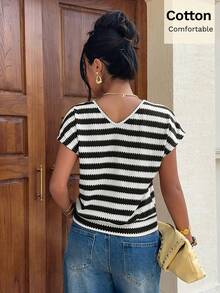 Siren Gaze Summer New V-Neck Wide Short Sleeve Top For Women - Black and White - View 2