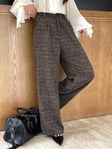 DAZY Autumn/Winter Straight Leg Loose Plaid Wool Fabric Commuter Style Women's Wide Leg Pants - Brown - View 6