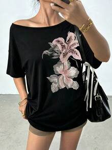 Lalippa Women's Faux Floral Comfortable Color Pattern Asymmetric Shoulder Casual Short Sleeve T-Shirt, Suitable For Spring/Summer Daily Wear And Gatherings - Black - View 4