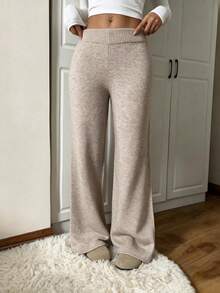 SHEIN Women Heathered Knit Flared Pants, Autumn High Waist Rib Waistband Loungewear Trousers - Khaki - View 3