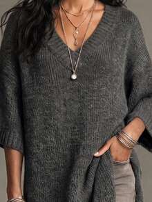 LUMIGAL Women's V-Neck Dropped Shoulder Short Sleeve Loose Asymmetric Slit Hem Mid-Length Sweater - Dark Grey - View 6