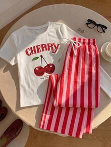 SHEIN EZwear 女款櫻桃印花T恤與條紋長褲兩件套 - 彩色 - 查看 5
