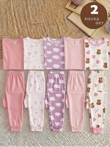 Baby Girl Snug Fit High Elasticity Knitted Ribbed Brushed Soft Comfortable Long Sleeve Heart Pink Bow Coffee Color Fuzzy Bear Top With Matching Full Length Pink Cuff Pants - Coral Pink - View 1