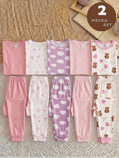 Baby Girl Snug Fit High Elasticity Knitted Ribbed Brushed Soft Comfortable Long Sleeve Heart Pink Bow Coffee Color Fuzzy Bear Top With Matching Full Length Pink Cuff Pants