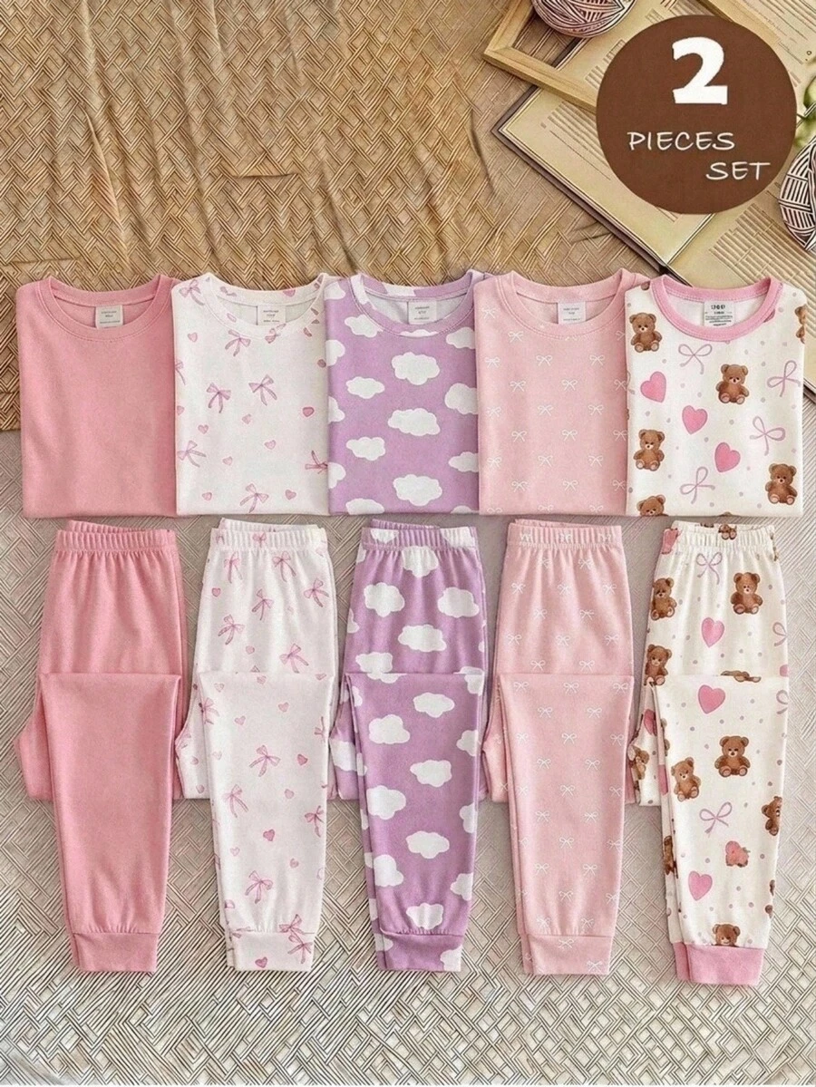 Baby Girl Snug Fit High Elasticity Knitted Ribbed Brushed Soft Comfortable Long Sleeve Heart Pink Bow Coffee Color Fuzzy Bear Top With Matching Full Length Pink Cuff Pants - Coral Pink - View 1