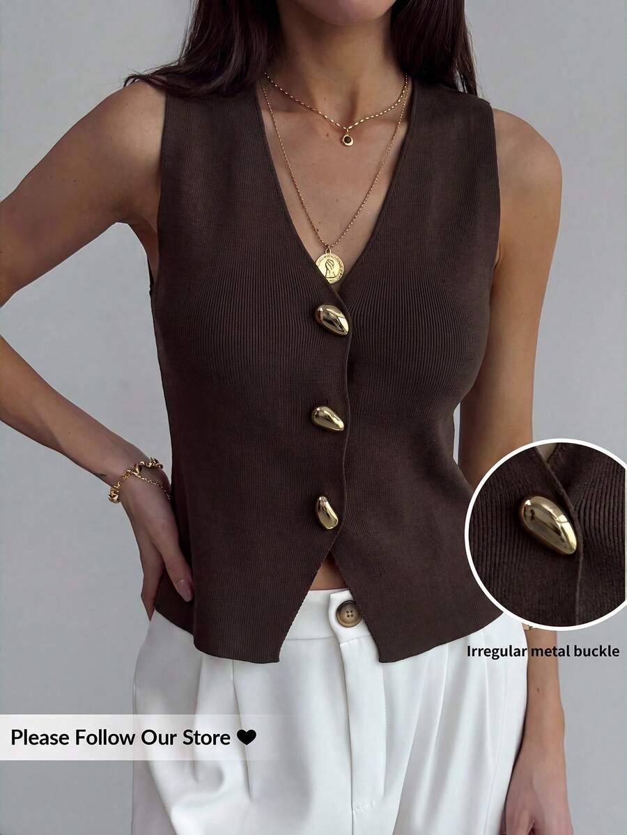 Aloruh Women's Solid Color Metal Single-Breasted Casual Elegant Versatile Daily Office Knit Top Dark Brown Autumn - Mocha Brown - View 1