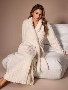 Lazeform Women's Thickened Jacquard Fleece Tie-Front Long Sleeve Lapel Pocket Lounge Robe, Autumn/Winter - Beige - View 4