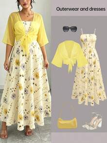 Franclia Plus Size Women's Floral Chiffon Dress With Cardigan, Elegant 2-Piece Set For Summer Fall Cloth For Women - Yellow - View 8