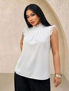 SHEIN SXY 大尺碼夏季優雅蕾絲拼接背心上衣 - 白色 - 查看 3
