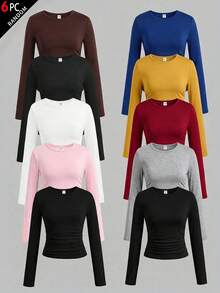 SHEIN Girlism Kids Tween Girl Slim Fit Casual Knit Solid Color Crew Neck Ruched Long Sleeve T-Shirt 5pcs Set Fall/Winter - Multicolor - View 5