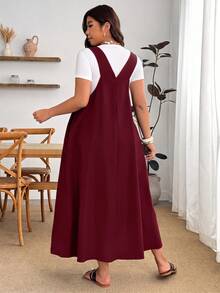 Enliva Plus Size Women's Solid Color Pleated Loose Strap Dress - Burgundy - View 2