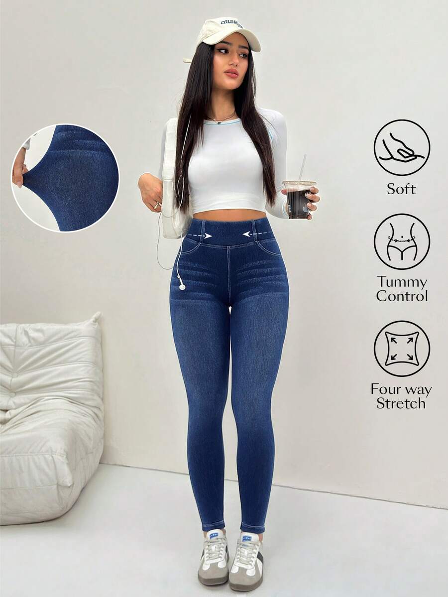 Flexra 女款時尚百搭高腰彈性修身牛仔褲 - 藍色 - 查看 1