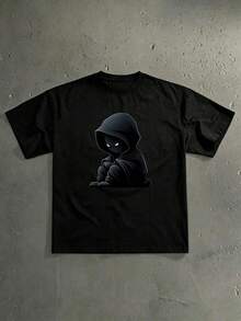 Manfinity Dauomo Spider Dark Cool Style | 連帽黑色陰影蜘蛛卡通印花短袖T恤，適合多季節穿著。完美適用於萬聖節派對、日常街頭出遊、音樂節、漫畫展，中性款。可搭配工裝褲、寬腿牛仔褲，疊搭金屬飾品打造完整的暗黑街頭風造型。 - 黑色 - 查看 3