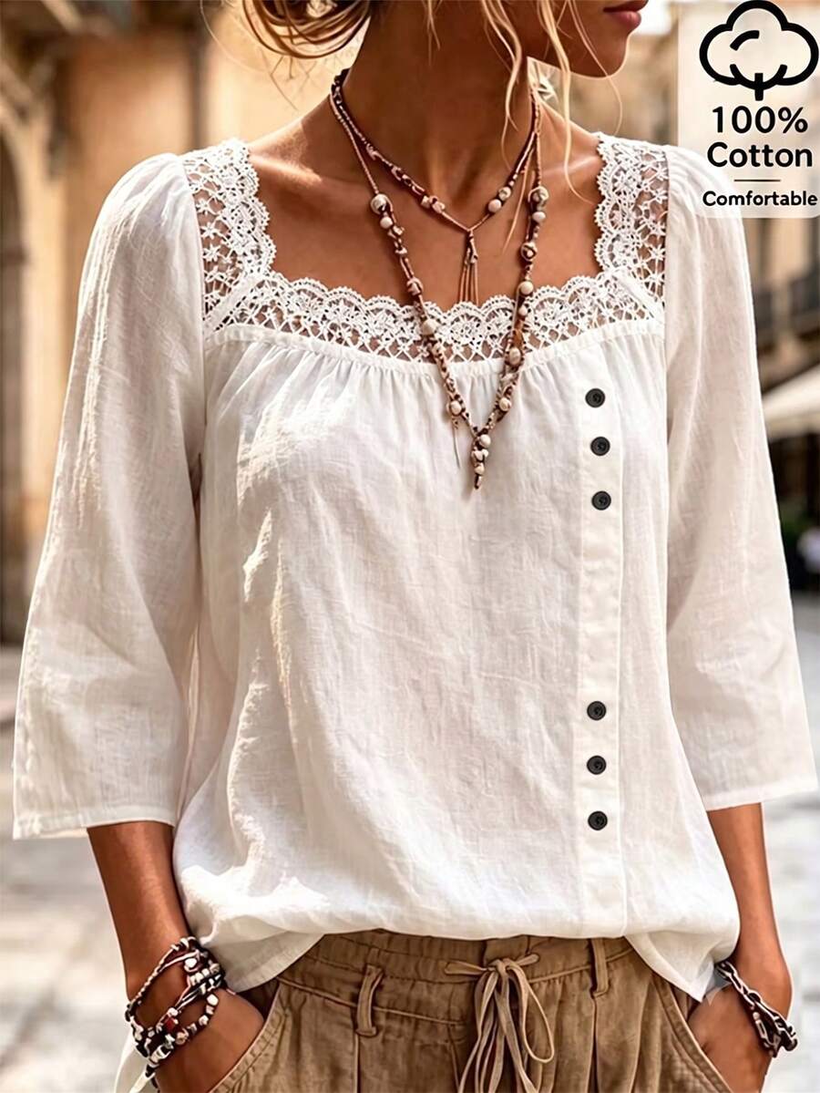 Linhara CURVE Plus Size Women's Woven Square Neck Lace Trim Patchwork Loose Fit Flattering Slimming Gentle French Vintage Everyday Versatile Side Button Design Shirt - White - View 1