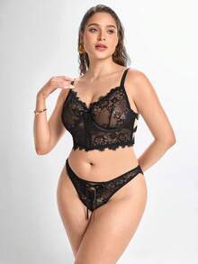 Slumbrini 2pcs Plus Size Elegant Sexy Lace Lingerie Set, Lift Gothic Lingerie Set Lace Bra Set Black Lace Bra Set - Black - View 3