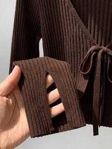 Comfortcana Casual Versatile Solid Color Tie-Front Knit Cardigan - Brown - View 6