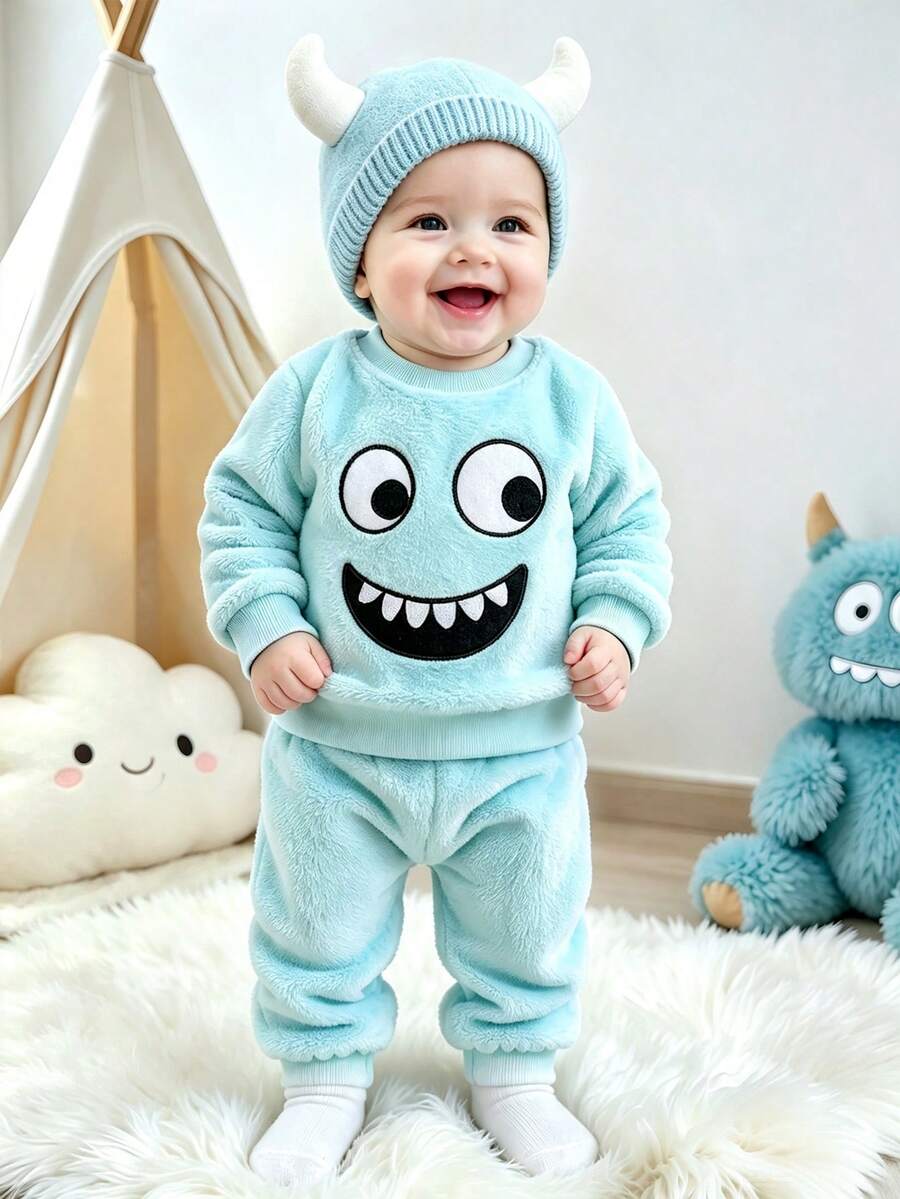 SHEIN Playful Pals 2件組男嬰秋冬抓絨布卡通刺繡圖案圓領長袖純色長褲,極簡風適合外出、休閒、日常運動 - 薄荷綠 - 查看 1