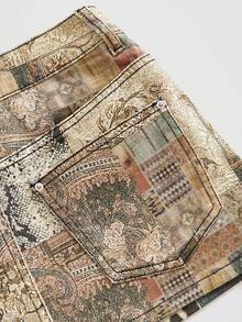 ROMWE Grunge Punk Y2K Millennium Retro Style Leopard Print Floral Print Y2K Fitted Denim Mini Skirt - Multicolor - View 4