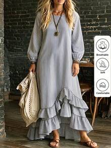 Linhara CURVE 2026 New Plus Size Casual Striped Round Neck Long Sleeve Lantern Sleeve Long Patchwork Ruffle Hem Women's Dress Fall - Blue and White - View 5