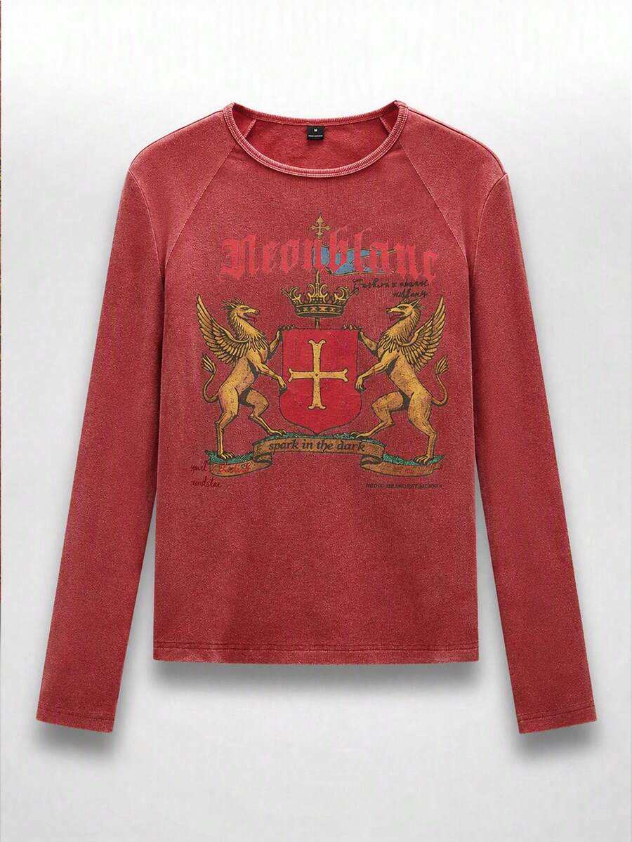 NEON BLANC Men's Letter Graphic Crew Neck Casual Daily Long Sleeve T-Shirt - Red - View 1