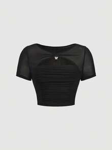 SHEIN MOD Plus Women's Black Sheer Mesh Patchwork Ruched T-Shirt Butterfly Detail Short Sleeve Round Neck Slim Fit Top For Spring Party - Black - View 8