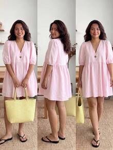 Enliva Plus Size Women's Ruffled Puff Sleeve V-Neck Dress - Baby Pink - View 4