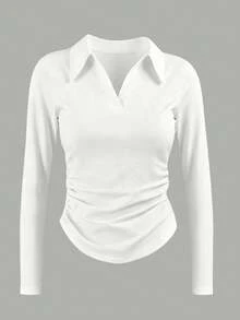 INAWLY Women's Solid Color Collared Long Sleeve Pleated Casual T-Shirt - Black - View 3