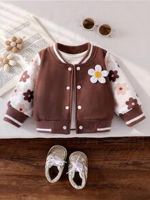 SHEIN Playful Pals 幼兒女嬰可愛棕色奶油色花朵貼布花卉印花條紋羅紋長袖棒球領常規版生日秋季公主風保暖夾克 - 棕色 - 查看 1