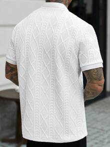 Calvornis 男士純色針織3D提花休閒修身輕商務V領短袖 Polo 衫 - 白色 - 查看 2