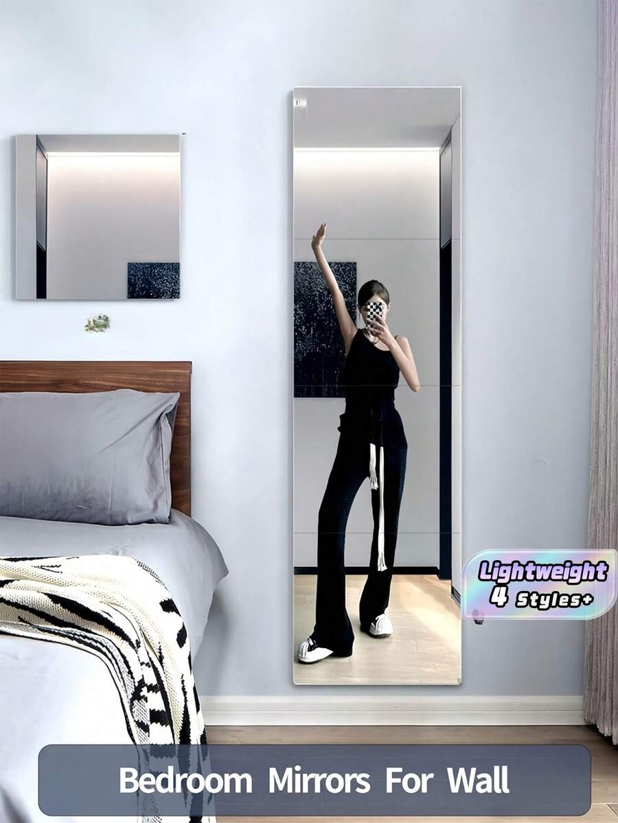4PCS Self Adhesive Thickened Acrylic Soft Shatterproof Full Length Silvery Mirror For Bedroom Dorm Wall Door Home Decor - Silver - View 1