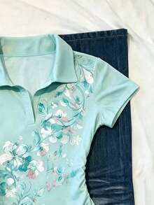 IslaSuriya 女款POLO領修身T恤，休閒極簡優雅風短袖上衣，適合日常休閒穿著，夏季新款時尚花卉圖案上衣 - 彩色 - 查看 4