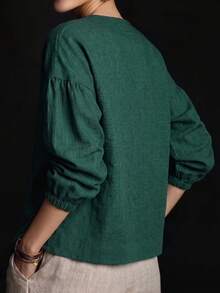 Zayélia Spring/Autumn Women's Casual Blouse With Round Neck Puff Sleeves Asymmetric Button Closure Suitable For Commuting Vacation Brunch Dark Green - Dark Green - View 2