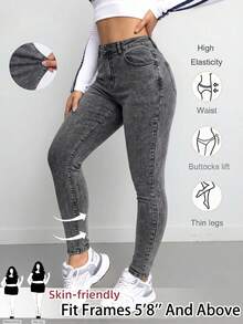 SHEIN Tall CURVE 女款大尺碼藍色丹寧彈性緊身牛仔褲 - 灰色 - 查看 1
