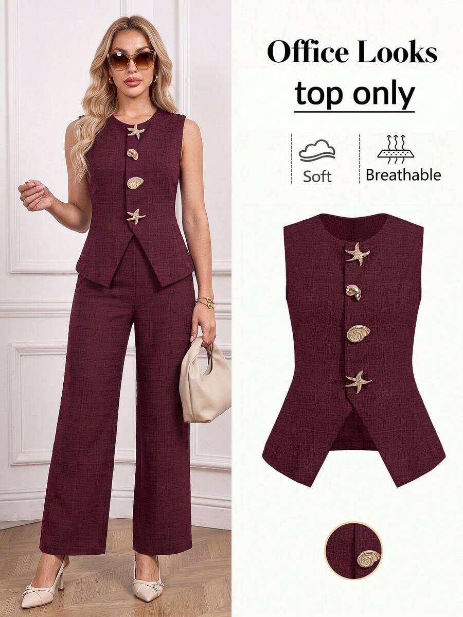 Ellevyn Seashell & Star Button Sleeveless Elegant Blouse,Red Top - Maroon - View 1