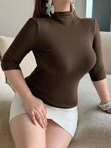Dazy Plus Solid Color Elastic Fitted Casual Blogger Style Mock Neck 5-Sleeve Base Layer Plus Size Women Spring Summer Autumn Pullover Brown T-Shirt - Brown - View 3