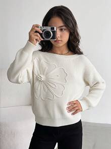 SHEIN 少女秋冬休閒 3D 花卉刺繡方領套頭鬆身落肩長袖針織衫，法式優雅學院風，適合返校穿搭時尚造型 - 米色 - 查看 4