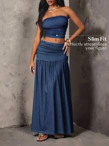 Glamine SHEIN Glamour 女款抓皺抹胸上衣與牛仔裙休閒日常套裝 - 藍色 - 查看 6