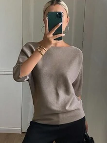 Livesso Petite Women's Solid Color Casual Versatile Daily Knit Top - Khaki - View 3