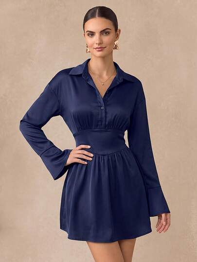 Almamuse Gaun Kemeja Kasual Lengan Panjang Warna Polos untuk Wanita, Warna Biru Tua, Musim Gugur, Elegan, Gaun Kemeja Biru Tua untuk Makan Malam dan Kencan