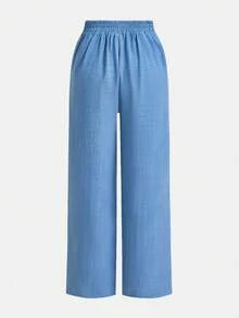 SHEIN PETITE CURVE 大尺碼女款純色腰部綁帶寬腿長褲 - 彩色 - 查看 10