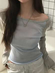DAZY 女款不對稱肩拼接色塊長袖韓風清新甜美可愛上衣毛衣 - 藍色 - 查看 2