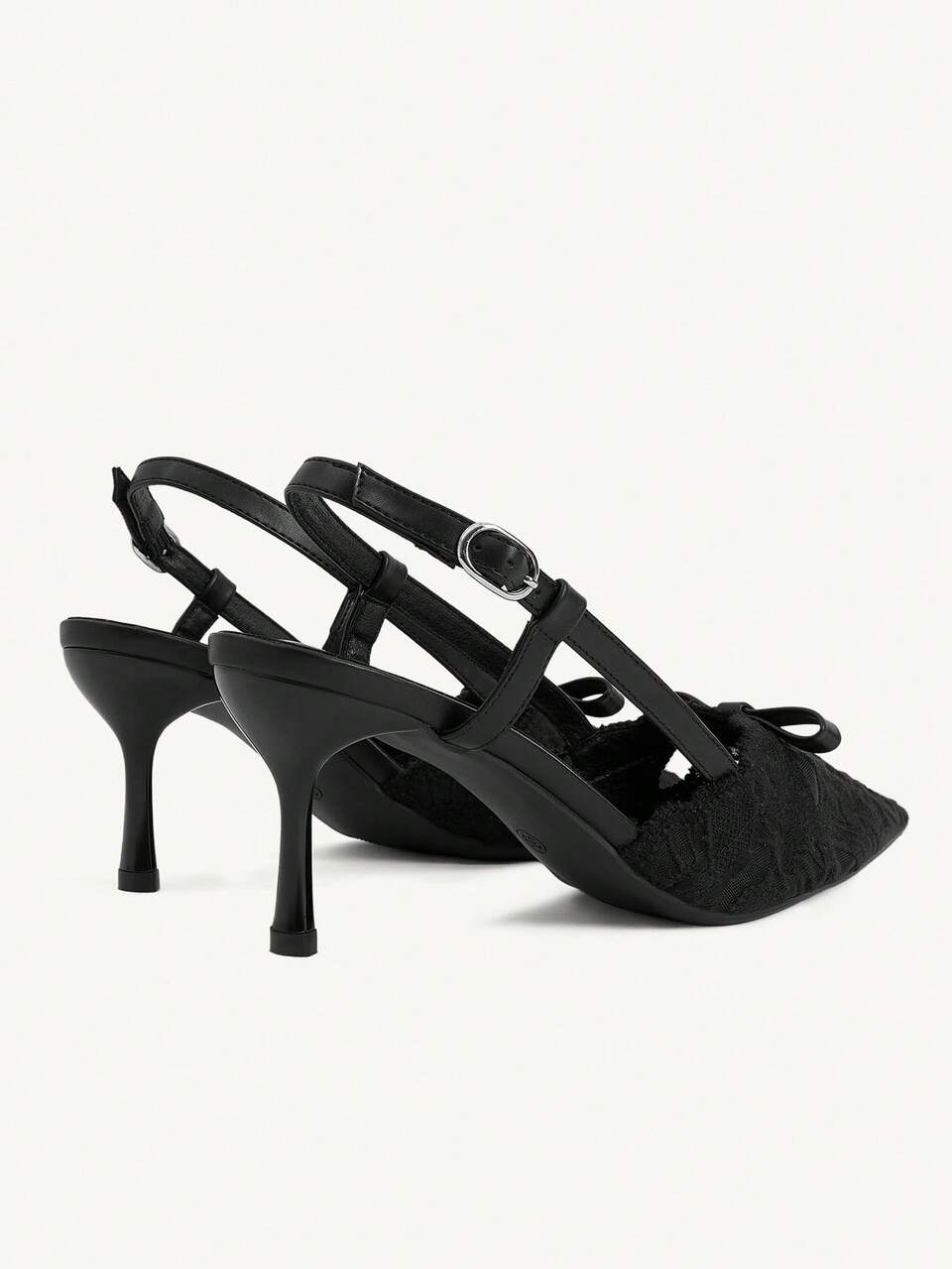 CUCCOO CHICEST Pointed Toe Stiletto Black Embroidered Lace Mesh Bow Women's High Heel Shoes SlingbackShoes Sexy And Comfortable Daily Versatile
