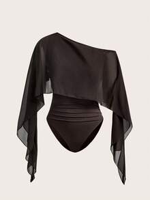 Opulessa Bodysuit Wanita Warna Polos dengan Desain Asimetris dan Detail Kerut, Modis dan Elegan - Coklat - View 3